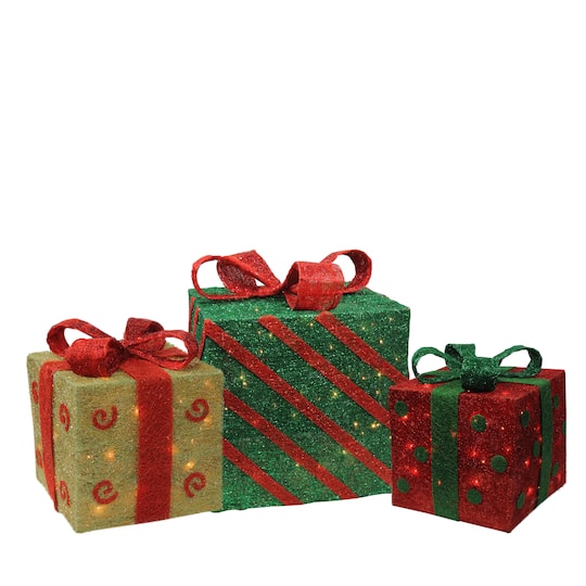 Green &#x26; Red Lighted Gift Boxes Outdoor Christmas D&#xE9;cor Set